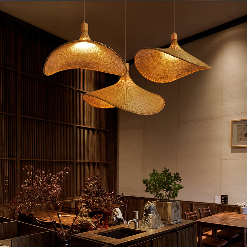 Woven Bamboo Pendant Lighting Fixtures Art Bird Nest Lamp Shade Ceiling Hanging Light with Adjustable Cord for Living Room RT0032