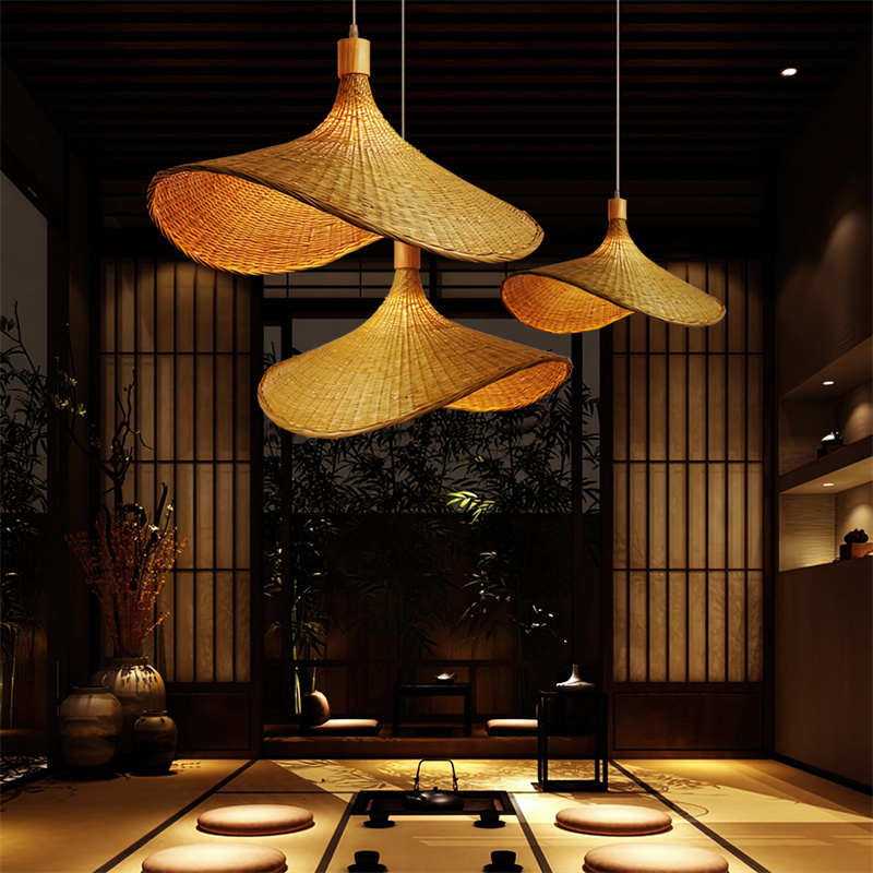 Woven Bamboo Pendant Lighting Fixtures Art Bird Nest Lamp Shade Ceiling Hanging Light with Adjustable Cord for Living Room RT0032