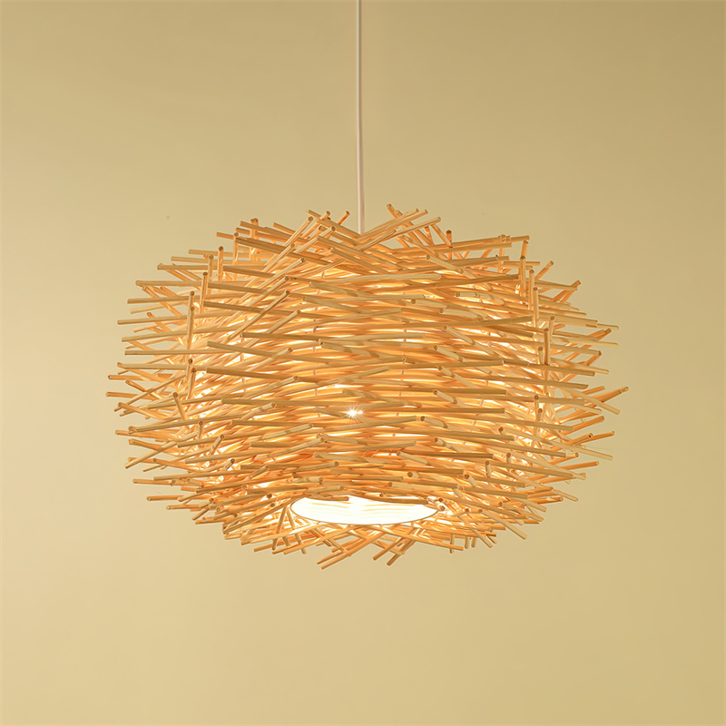 The RT0030 pendant light offers a distinctive globe-like silhouette, crafted from tightly woven wooden strips. Its enclosed design provides soft, diffused illumination suitable for creating an ambient glow in various settings. - view 3