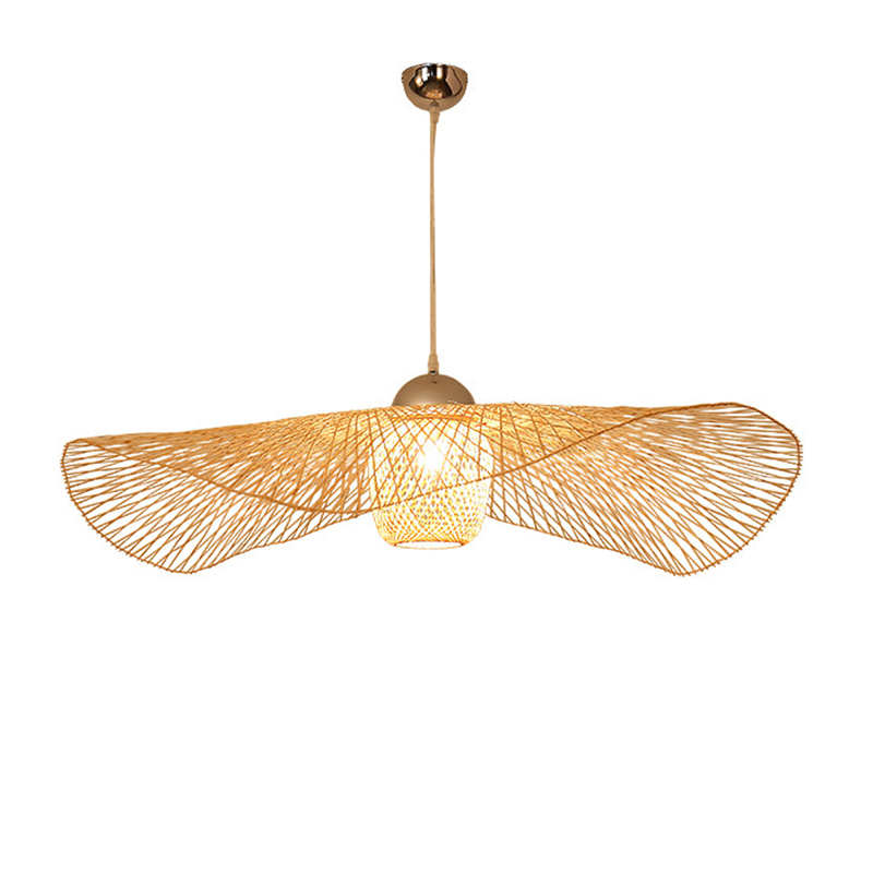 Model RT0033 features a wide, conical bamboo pendant shade, hand-woven with a natural finish. Its expansive open bottom directs a broad light spread, ideal for illuminating larger surfaces like dining tables or reception desks.