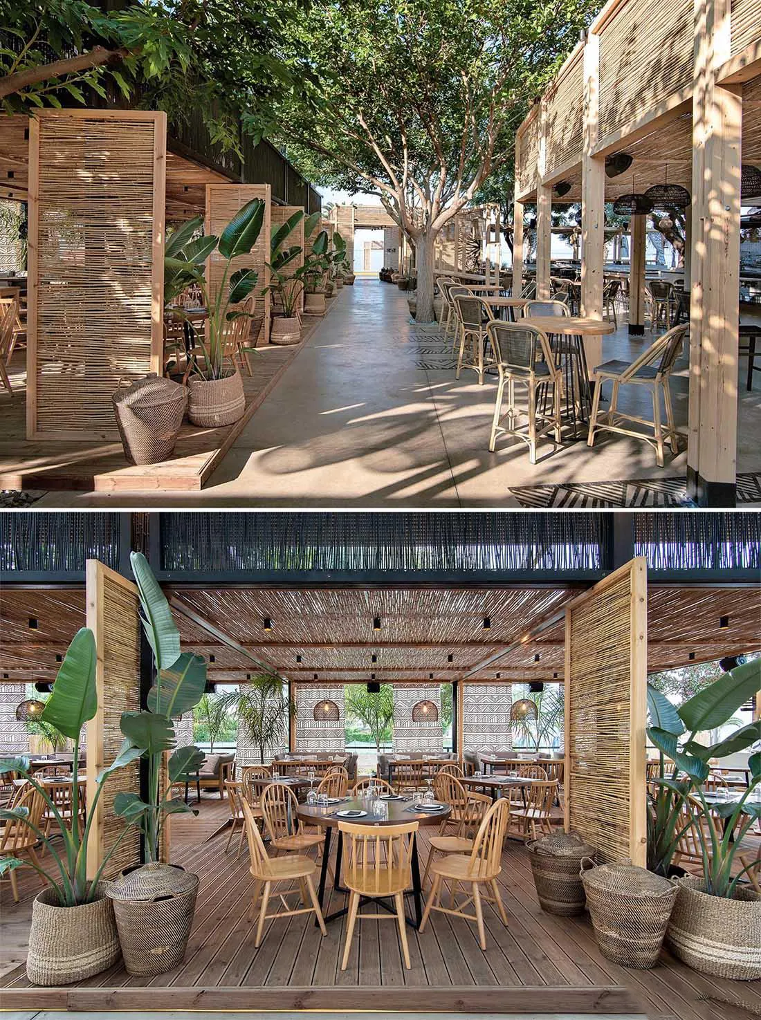 Screens made of reeds add beachy aesthetic to this bar and restaurant