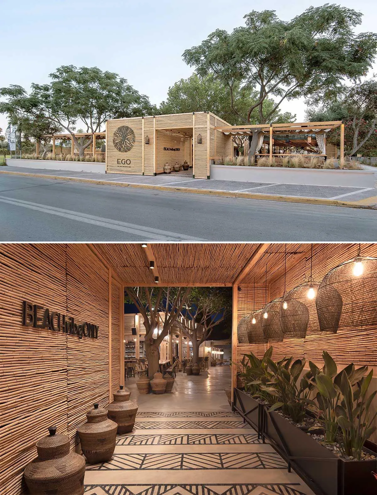 Screens made of reeds add beachy aesthetic to this bar and restaurant