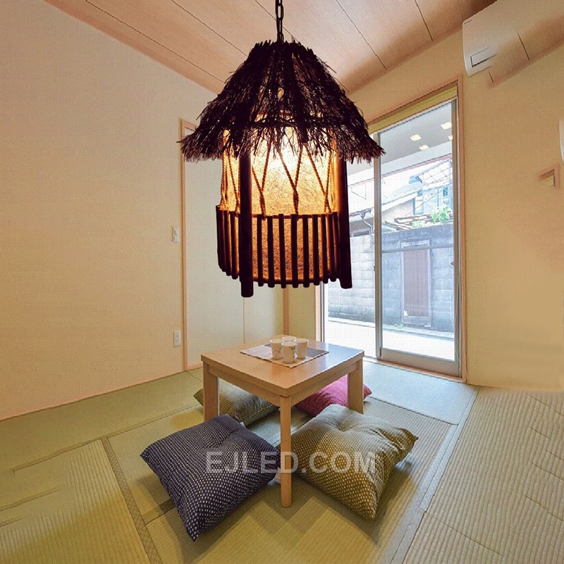 Woven from bamboo strips, this bell-shaped pendant opens widely at the base, directing light downwards while allowing some diffusion through its textured weave. - view 4