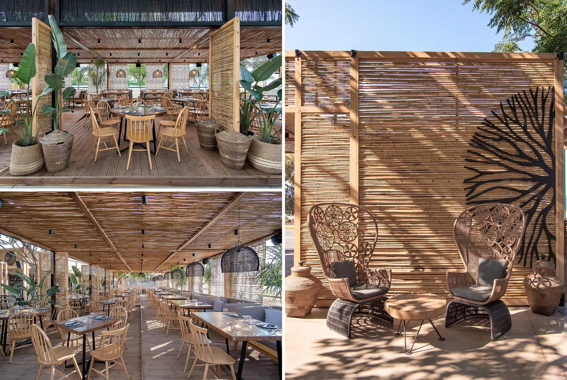 Screens made of reeds add beachy aesthetic to this bar and restaurant