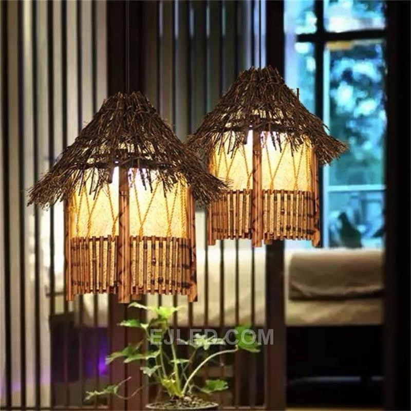 Factory Price Bamboo Pendant Light Hut Lampshade Chandelier for Home Decor Bamboo Lamp with E27 LED Light RT0001