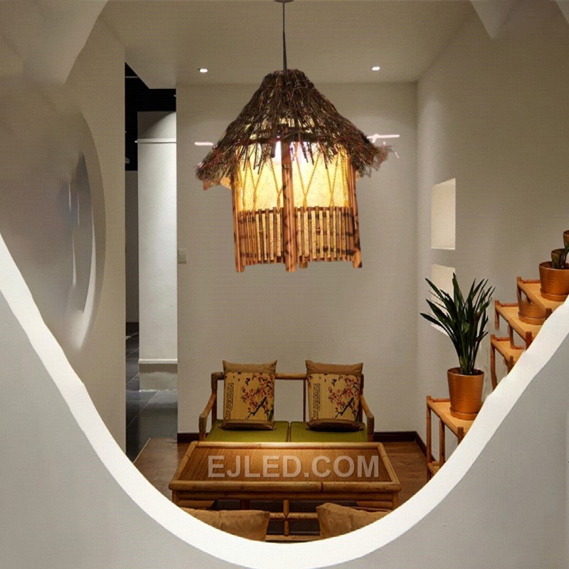 The multi-tiered bamboo construction of this pendant light suggests a natural, organic aesthetic. Its wide, open base allows for ample downward illumination, ideal for dining areas or hospitality spaces seeking a warm, textured focal point. - view 3