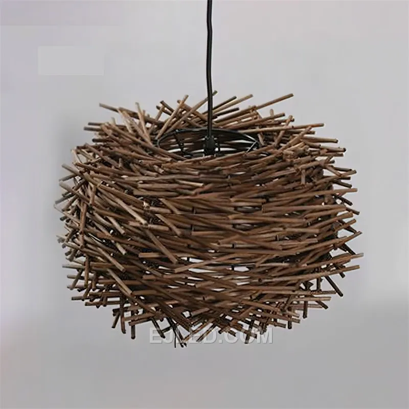 Suitable for high ceilings, the RT0030 is a large, spherical pendant light woven from natural wood strips in an open bird's nest design. It provides widespread, diffused ambient light, casting organic patterns perfect for grand lobbies or spacious dining areas. - view 5