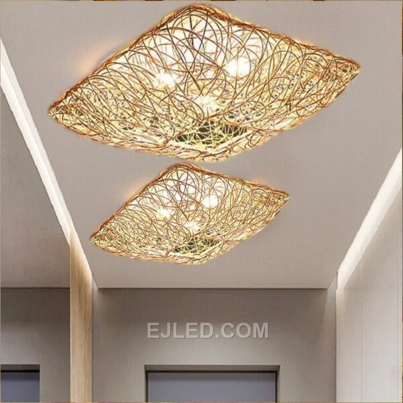 The RT0003 cuboid pendant, hand-woven from natural rattan, projects a warm, ambient light. Its distinct square profile makes it suitable for counter lighting or grouped installations.