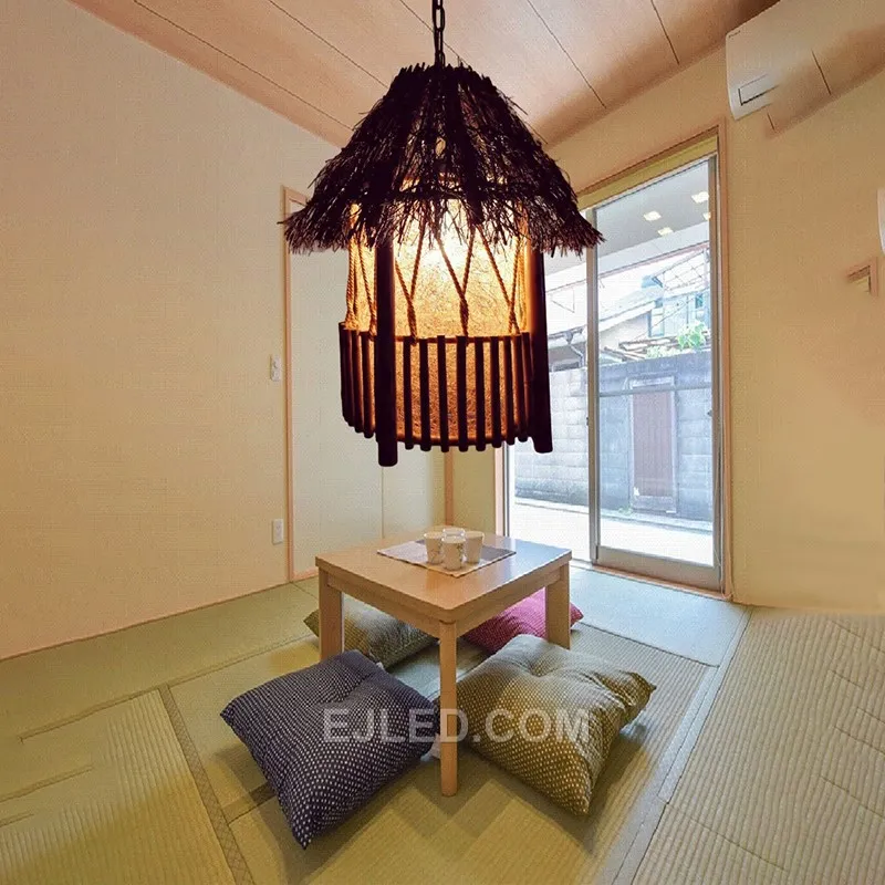 Distinguishing itself with a multi-tiered, pagoda-like silhouette, this bamboo pendant offers a unique design. Its hand-woven structure diffuses light warmly from a single internal lamp. - view 4