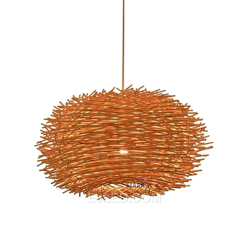 Suitable for high ceilings, the RT0030 is a large, spherical pendant light woven from natural wood strips in an open bird's nest design. It provides widespread, diffused ambient light, casting organic patterns perfect for grand lobbies or spacious dining areas.