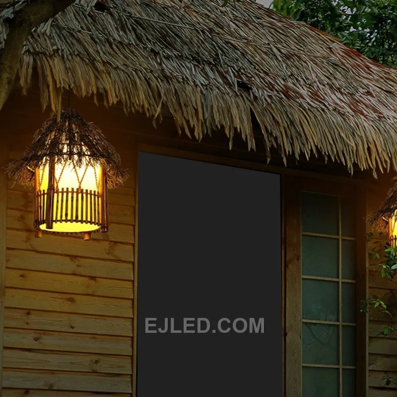 Distinguishing itself with a multi-tiered, pagoda-like silhouette, this bamboo pendant offers a unique design. Its hand-woven structure diffuses light warmly from a single internal lamp. - view 6