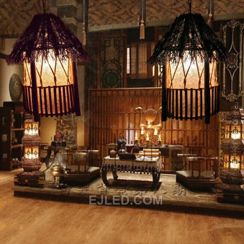 Factory Price Bamboo Pendant Light Hut Lampshade Chandelier for Home Decor Bamboo Lamp with E27 LED Light RT0001