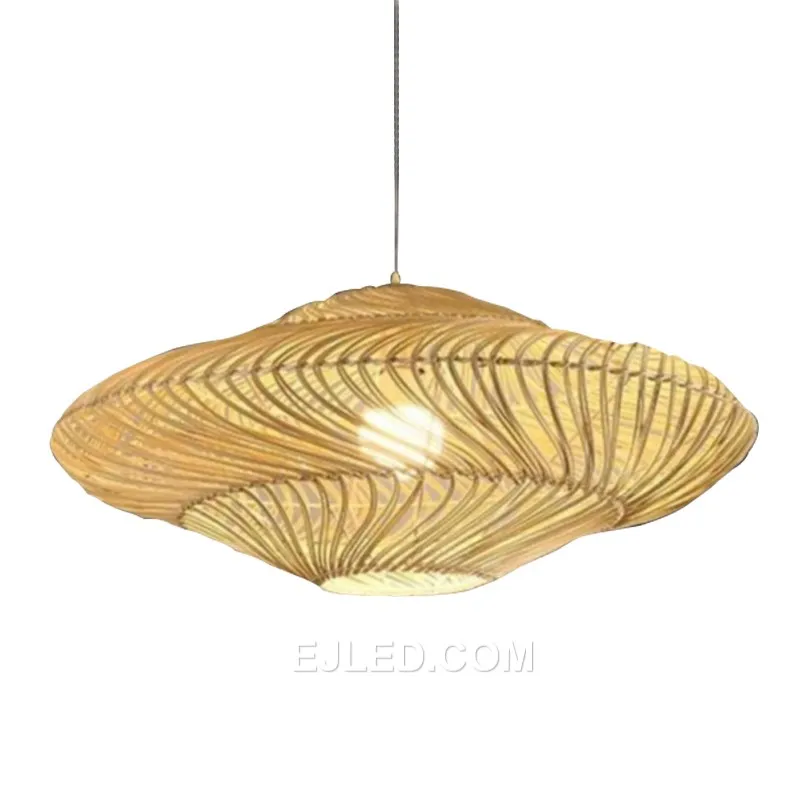 An elongated oval shape woven from natural bamboo distinguishes this pendant, which casts diffuse light through its open-weave construction and unique texture.