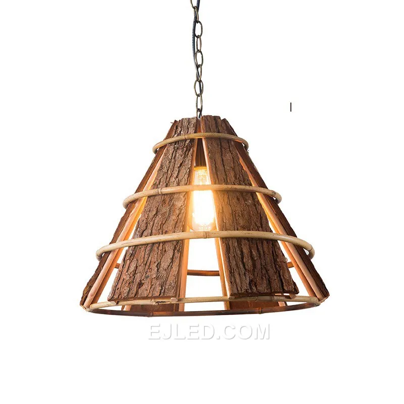This conical pendant, RT0002, is crafted from tightly woven natural wood, creating a warm, ambient light. Its durable construction is highlighted by a reinforced lower rim.