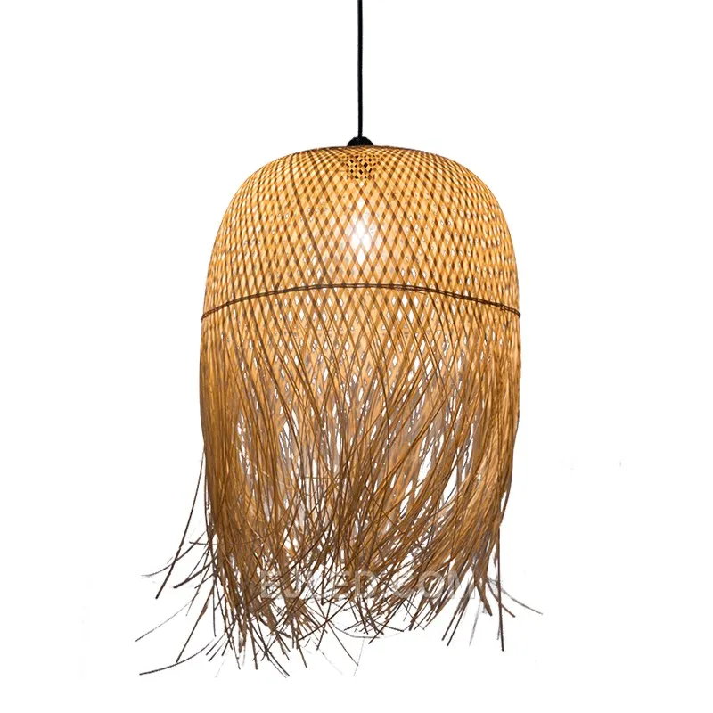 Crafted from hand-woven bamboo, the RT0017 features an exceptionally tall, narrow bell profile, drawing the eye vertically. Its open base directs light in a focused beam.