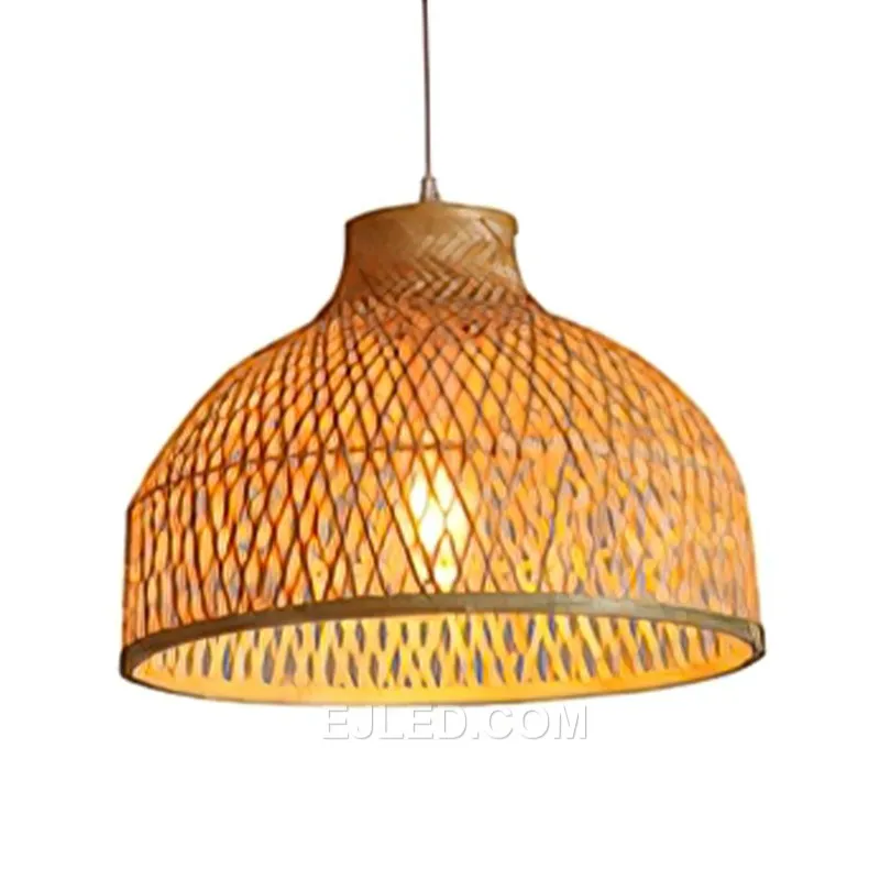 A semi-circular bamboo pendant, RT0046 focuses light downwards from its open base. The dense, horizontal weave of natural bamboo strips creates a warm, diffuse glow from its sides, reducing direct glare. - view 4