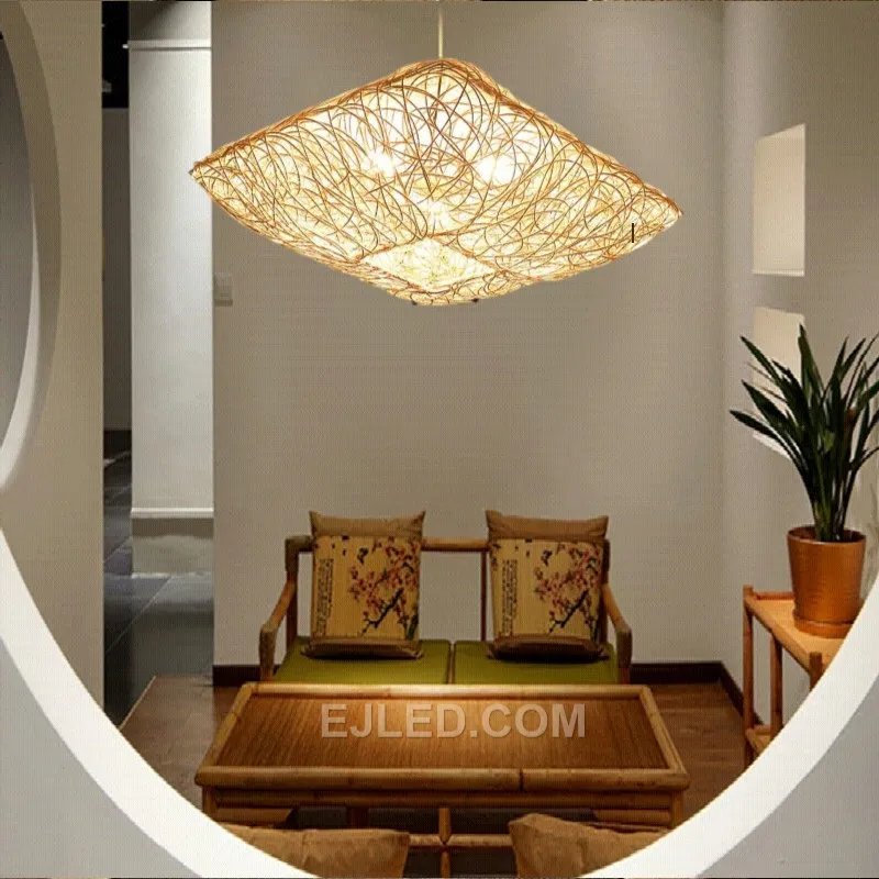 The RT0003 cuboid pendant, hand-woven from natural rattan, projects a warm, ambient light. Its distinct square profile makes it suitable for counter lighting or grouped installations.
