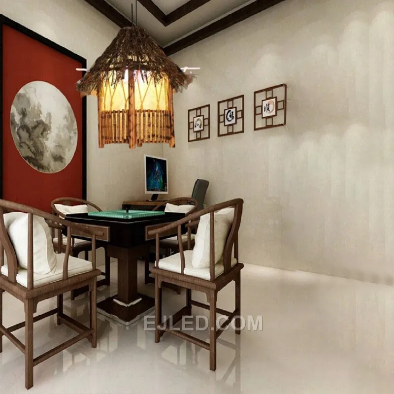 Distinguishing itself with a multi-tiered, pagoda-like silhouette, this bamboo pendant offers a unique design. Its hand-woven structure diffuses light warmly from a single internal lamp. - view 2