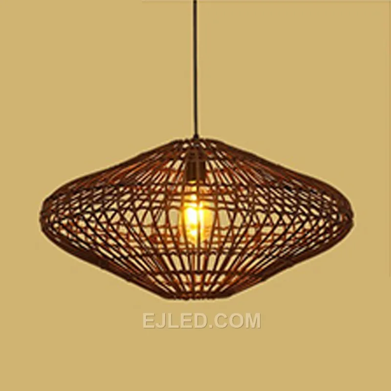 The RT0009 pendant presents a wide, flattened oval shape, hand-woven from natural rattan with varying weave densities. This fixture offers broad, soft illumination, suitable for spacious interiors.