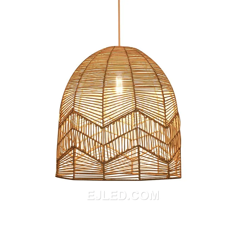 The RT0014 bell pendant, woven from natural rattan, features a classic downward curve. Its adaptable size is suitable for individual placement or in multiples above counters.