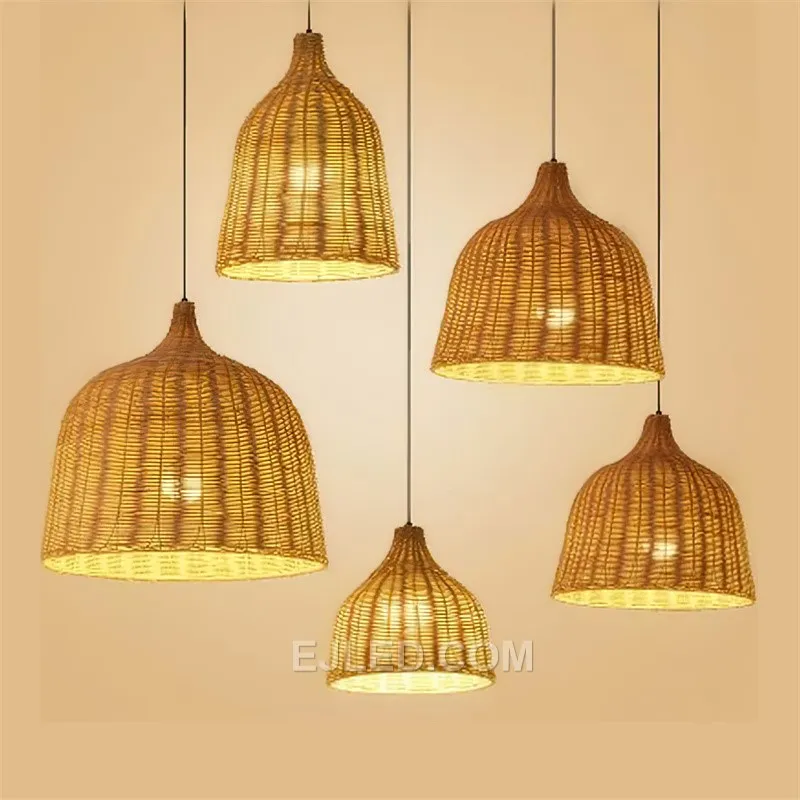 This bell-shaped rattan pendant directs light downwards through its open bottom rim. Its woven construction allows some ambient glow through the upper, looser weave, while the denser central section mitigates direct glare. - view 3