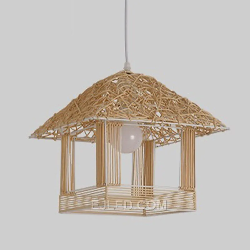 The RT0020 bamboo pendant features a distinctive multi-tiered, pagoda-like shade, hand-woven to create an open structure that diffuses light effectively. Its architectural form suits spaces seeking a unique natural design element. - view 2