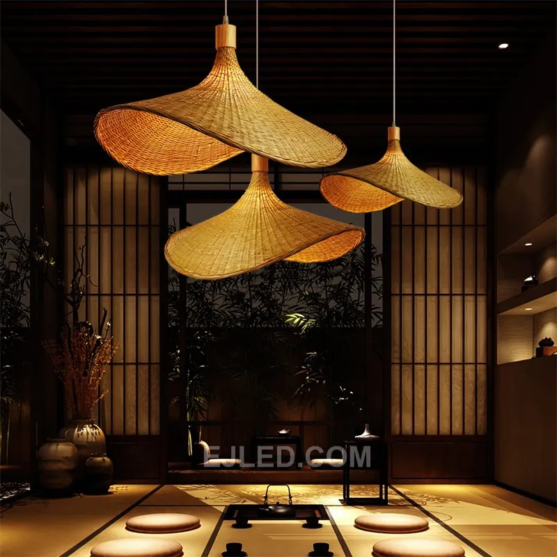 This wide, bamboo "straw hat" pendant is well-suited for illuminating kitchen islands or dining tables in hospitality settings. Its open weave distributes light broadly, creating an inviting glow. - view 3