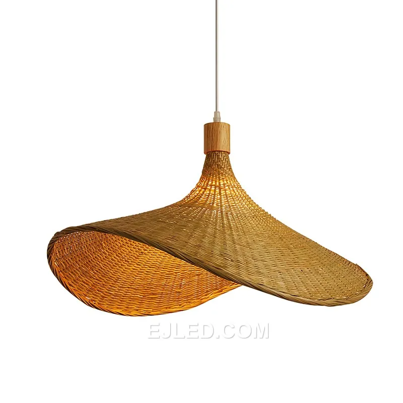 This wide, bamboo "straw hat" pendant is well-suited for illuminating kitchen islands or dining tables in hospitality settings. Its open weave distributes light broadly, creating an inviting glow.