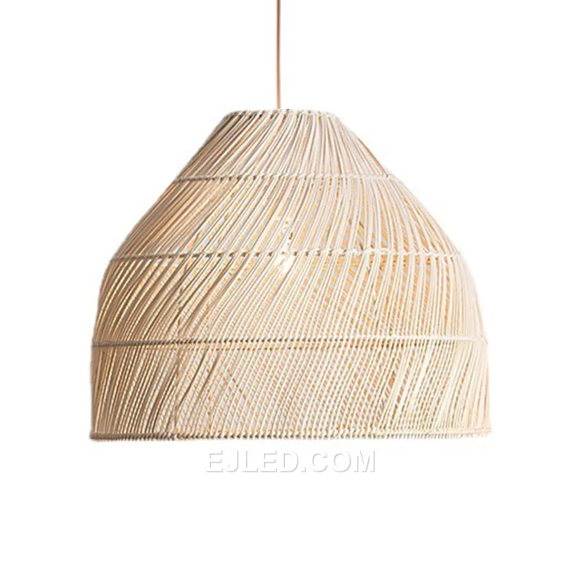 This RT0027 rattan pendant, with its tall and narrow bell profile, provides a consistent, diffused glow from its open-weave construction, suitable for various settings.