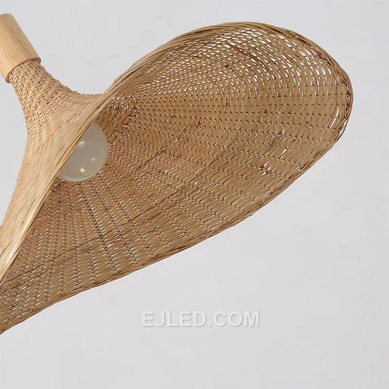 This wide, bamboo "straw hat" pendant is well-suited for illuminating kitchen islands or dining tables in hospitality settings. Its open weave distributes light broadly, creating an inviting glow. - view 5