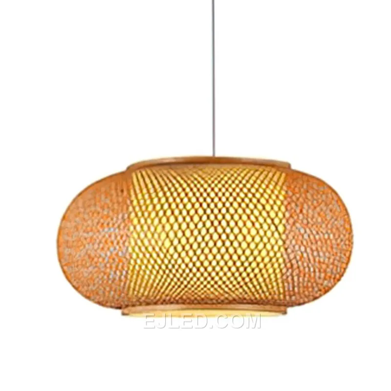 A semi-circular bamboo pendant, RT0046 focuses light downwards from its open base. The dense, horizontal weave of natural bamboo strips creates a warm, diffuse glow from its sides, reducing direct glare. - view 3