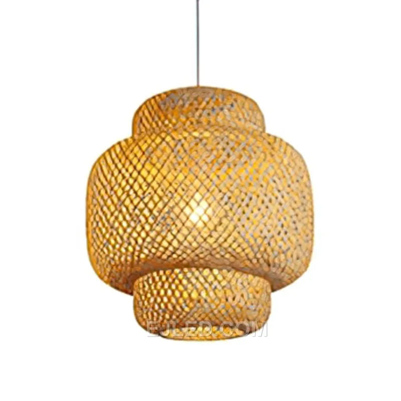 This RT0040 bamboo bell pendant, with its elongated form, is designed for spaces with higher ceilings or to create visual length over specific areas. Its open bottom directs light downwards, while the woven top casts a warm ambient glow, ideal for restaurants or lobbies. - view 3