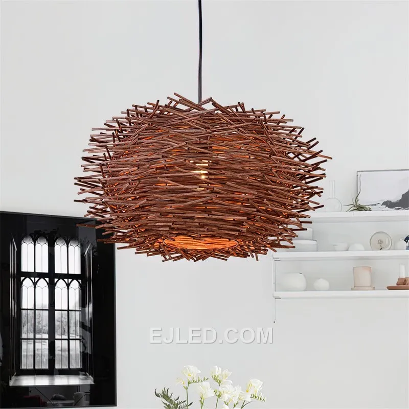 Suitable for high ceilings, the RT0030 is a large, spherical pendant light woven from natural wood strips in an open bird's nest design. It provides widespread, diffused ambient light, casting organic patterns perfect for grand lobbies or spacious dining areas. - view 4