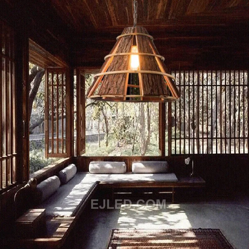 This conical pendant, RT0002, is crafted from tightly woven natural wood, creating a warm, ambient light. Its durable construction is highlighted by a reinforced lower rim. - view 2
