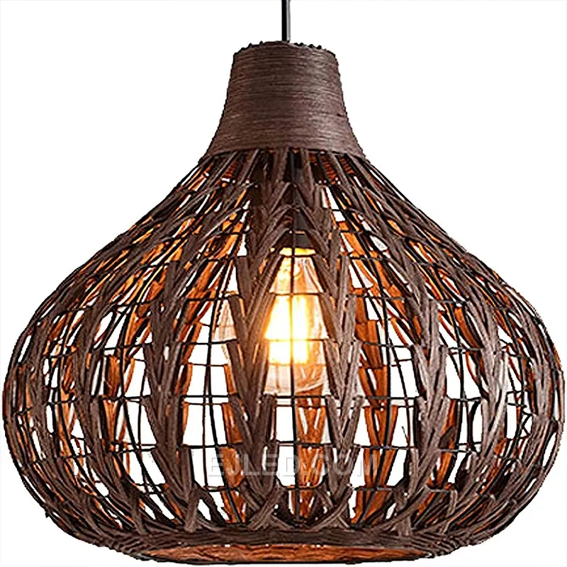 Ideal for dining areas or lounges, the RT0021 bell pendant offers a wide, open-weave rattan shade that casts a broad, soft light. Its natural material and classic shape provide a welcoming ambiance.
