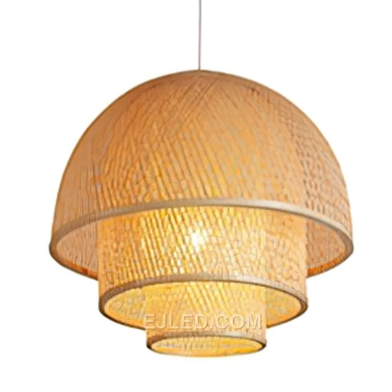 A semi-circular bamboo pendant, RT0046 focuses light downwards from its open base. The dense, horizontal weave of natural bamboo strips creates a warm, diffuse glow from its sides, reducing direct glare. - view 2