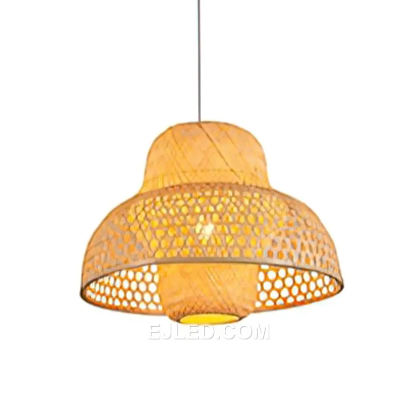 This RT0040 bamboo bell pendant, with its elongated form, is designed for spaces with higher ceilings or to create visual length over specific areas. Its open bottom directs light downwards, while the woven top casts a warm ambient glow, ideal for restaurants or lobbies. - view 4