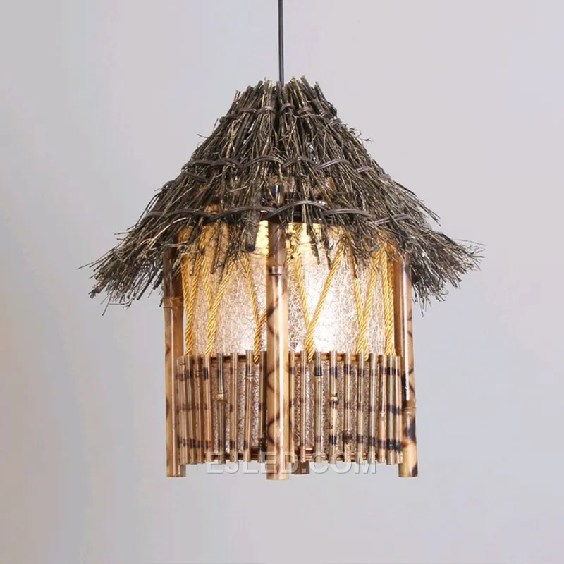 Distinguishing itself with a multi-tiered, pagoda-like silhouette, this bamboo pendant offers a unique design. Its hand-woven structure diffuses light warmly from a single internal lamp.