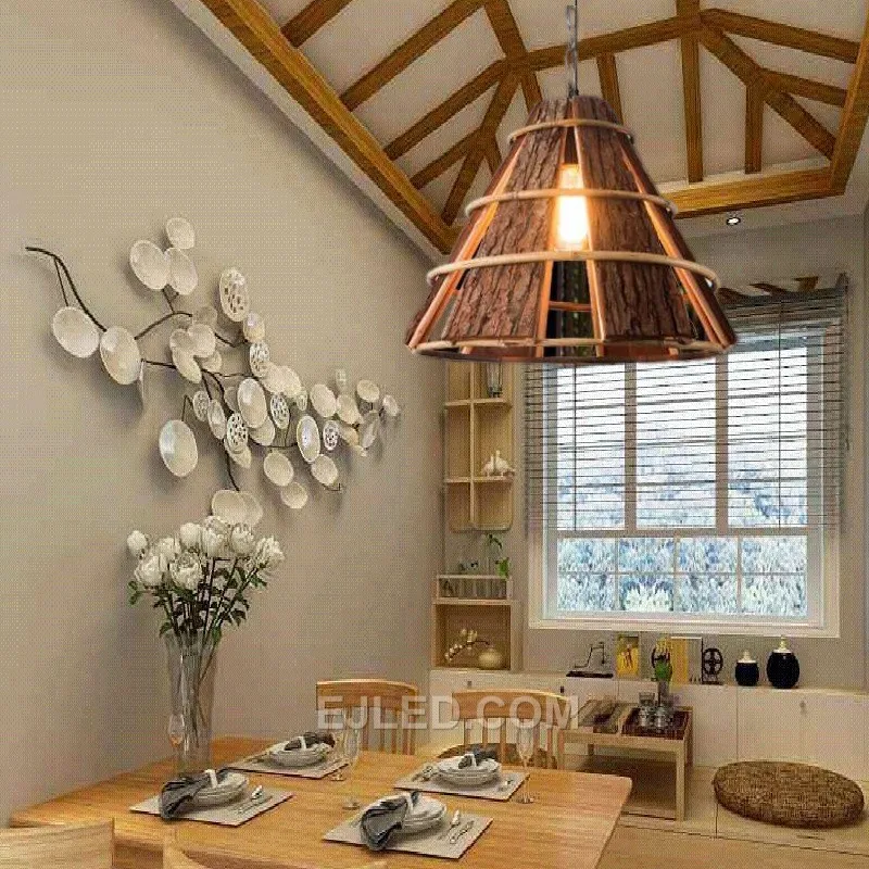 This conical pendant, RT0002, is crafted from tightly woven natural wood, creating a warm, ambient light. Its durable construction is highlighted by a reinforced lower rim. - view 5