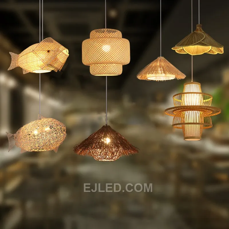 Formed from hand-woven bamboo, the RT0018 stands out with its distinctive conch-like spiral shape. This unique design offers both visual interest and practical downlighting.