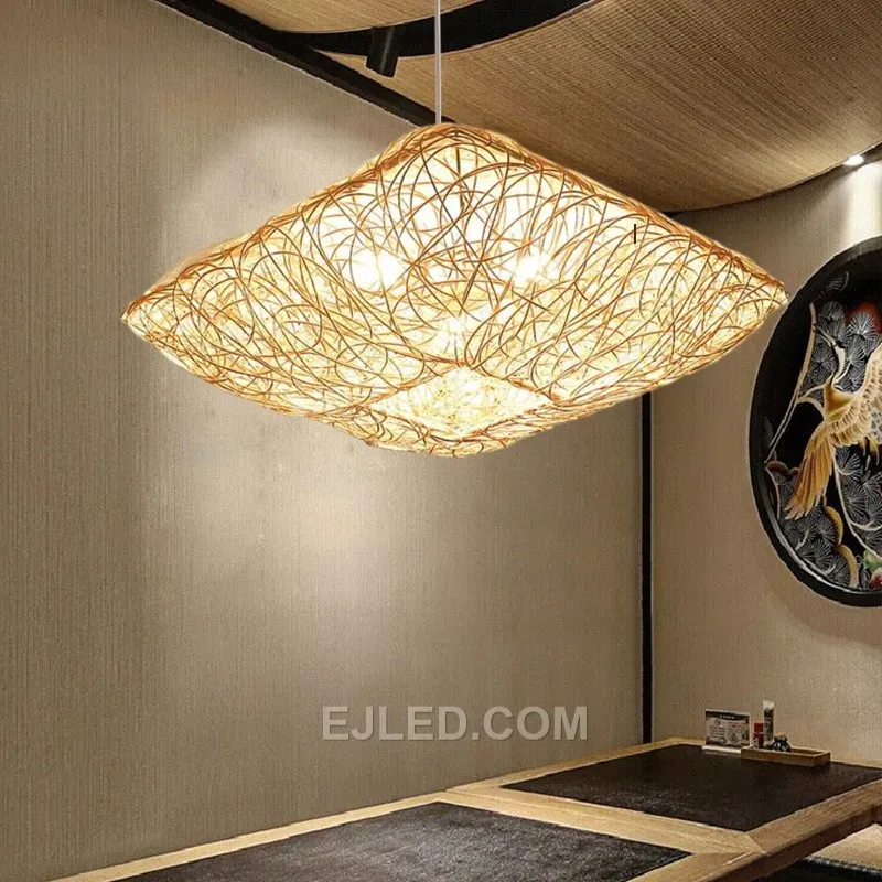 Factory Price Bamboo Lamp Shade tetragon Pendant Light Decoration Chandelier Lamps Light Fixture for Hotel RT0003