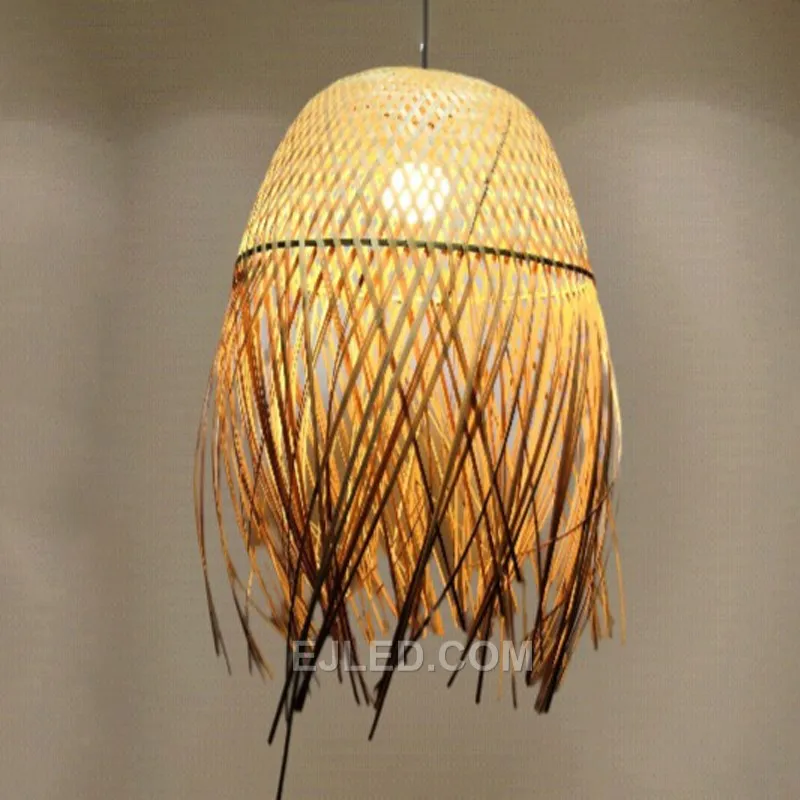 Crafted from hand-woven bamboo, the RT0017 features an exceptionally tall, narrow bell profile, drawing the eye vertically. Its open base directs light in a focused beam. - view 2