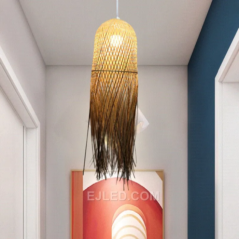 Crafted from hand-woven bamboo, the RT0017 features an exceptionally tall, narrow bell profile, drawing the eye vertically. Its open base directs light in a focused beam. - view 3