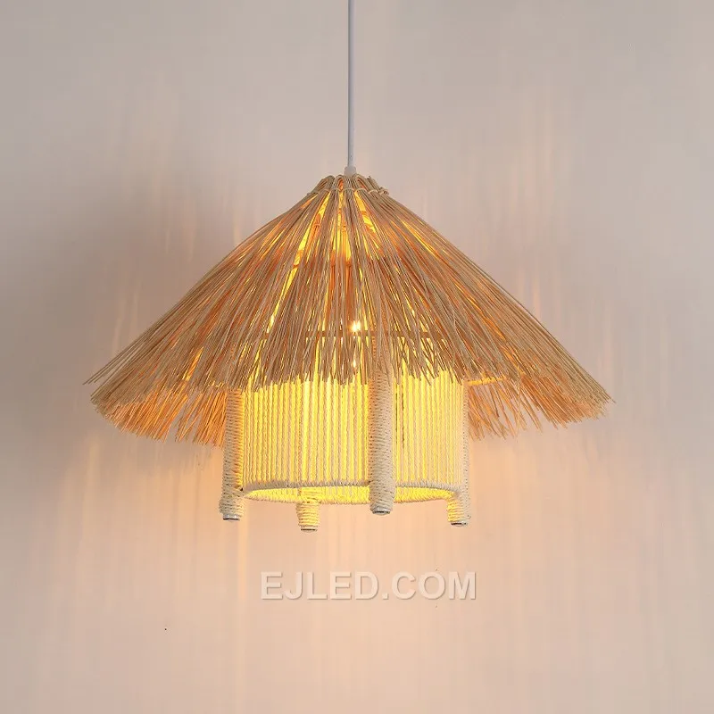 The RT0008 pendant features a multi-tiered, pagoda-inspired design, hand-woven from natural rattan. It creates a striking focal point, casting diffused light through its open structure.