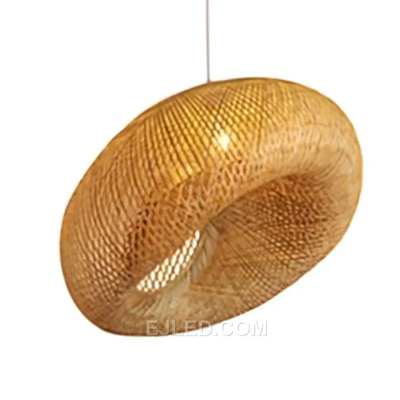 This RT0040 bamboo bell pendant, with its elongated form, is designed for spaces with higher ceilings or to create visual length over specific areas. Its open bottom directs light downwards, while the woven top casts a warm ambient glow, ideal for restaurants or lobbies. - view 5
