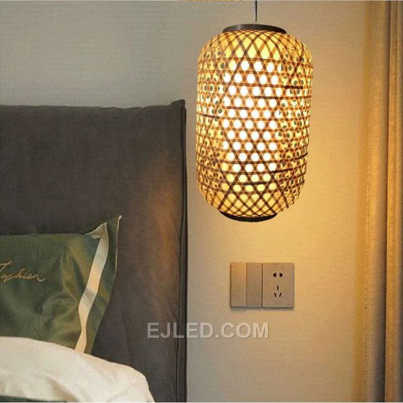 A cylindrical pendant, the RT0016 features open ends and a tall, narrow profile woven from natural bamboo. It provides focused downlight while diffusing illumination radially.