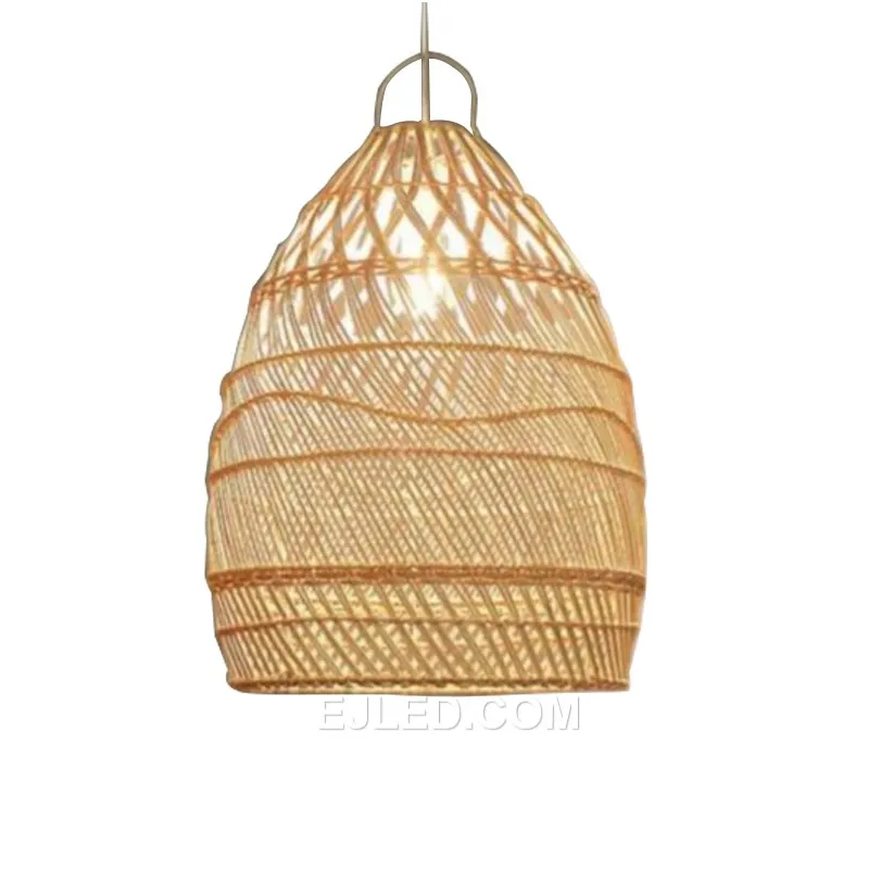 The RT0013 bell pendant, hand-woven from natural bamboo, offers a warm, diffused light. Its open bottom directs illumination for specific tasks or ambient lighting in hospitality settings.