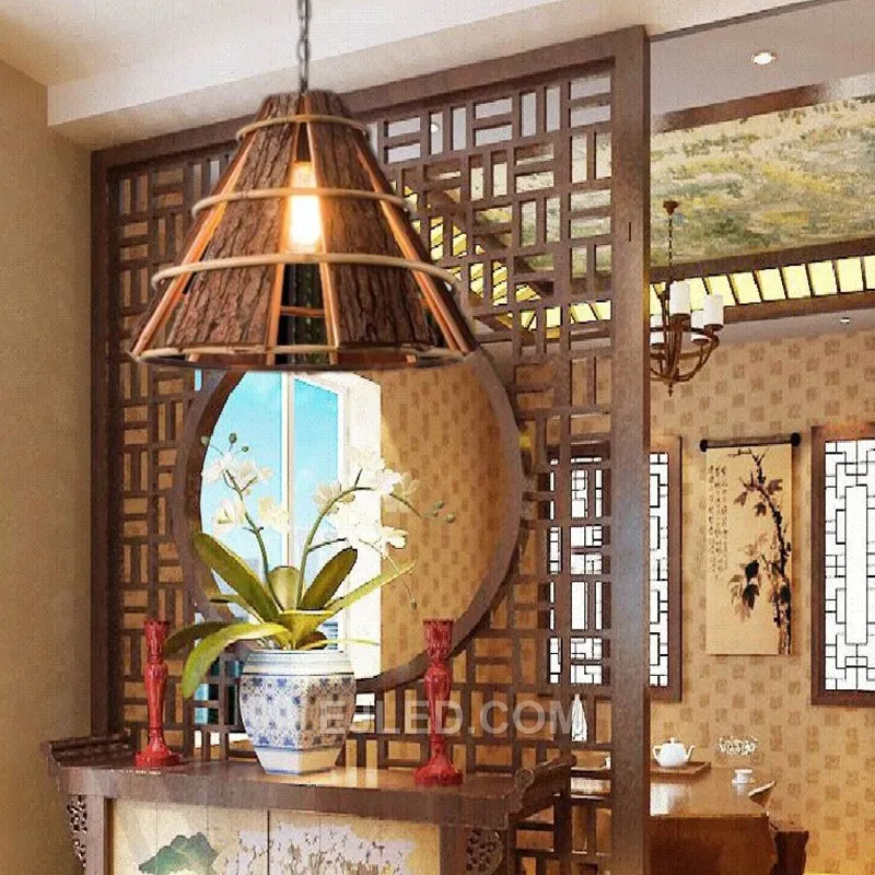 This conical pendant, RT0002, is crafted from tightly woven natural wood, creating a warm, ambient light. Its durable construction is highlighted by a reinforced lower rim. - view 4