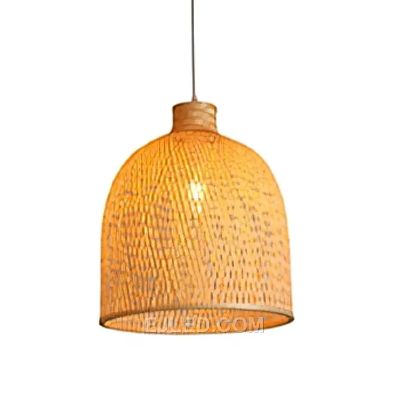 A semi-circular bamboo pendant, RT0046 focuses light downwards from its open base. The dense, horizontal weave of natural bamboo strips creates a warm, diffuse glow from its sides, reducing direct glare. - view 5