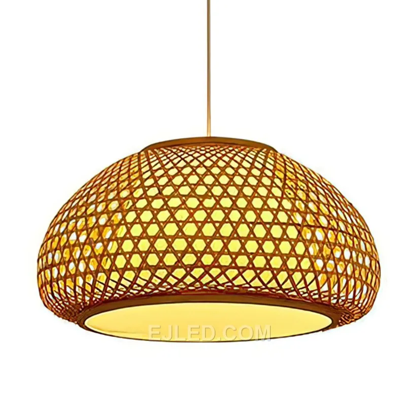 Natural bamboo is skillfully woven into this shallow, wide dome pendant, making the RT0037 suitable for rooms with lower ceilings or as a clustered light feature over dining tables and reception desks. Its open weave allows soft, ambient light to spread widely.